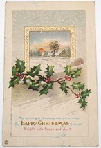 Antique Embossed Postcard Country Scene &amp; Holly ~ Christmas Blessings - £1.58 GBP