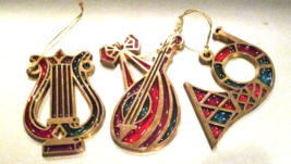 Vintage Avon 3 Brass Stained Glass Style Christmas Ornaments Musical Instruments - $18.99