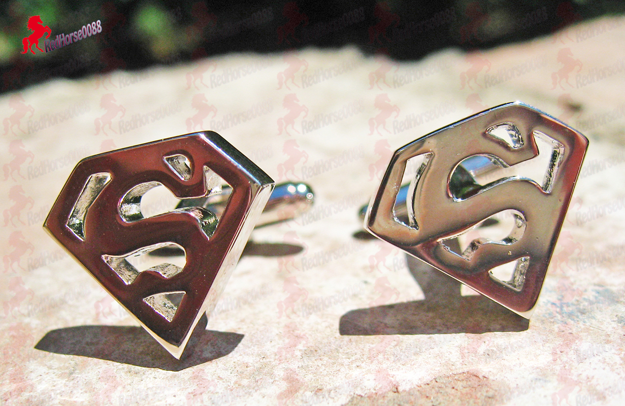 Superman Silver Plated Perforated Cufflinks-Wedding, Father's Day, Birthday Gift - $3.95