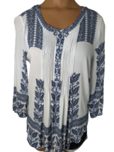 Daniel Rainn Medium Blue White Blouse Top Shirt Tunic Buttons Boho M 3/4 sleeve - £11.93 GBP