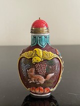 Vintage Brown Chinese Peking Glass Snuff Bottle with Multicolor Overlay Decor - £59.21 GBP
