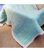 38x30&quot; Crochet Baby Blanket Handmade Pale Green With White - £7.05 GBP