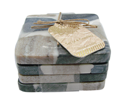 NEW Set of 4 Marble Coasters White and Gray Tones Rubber Feet Square 4x4... - $27.85