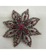 Vintage 3-Tier Pink Flower Rhinestone Large Flower Brooch Pin Silver Finish - $97.08 CAD