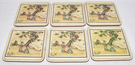 Vintage Chinese Cork Drink Coasters Landscape Scene w Ladies 4&quot; Square 6pc Set - £8.01 GBP