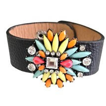 Floral Acrylic Beaded &amp; Jeweled Leather Bracelet - £8.69 GBP