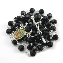 Catholic Antiques Vintage Onyx Stone Bead Cross Crucifix Holy Necklace Pewter  - £25.95 GBP