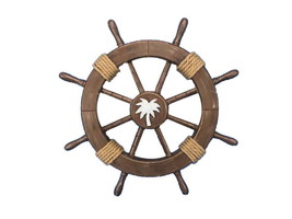 Rustic Wood Finish Decorative Ship Wheel with Palm Tree 18&quot;&quot; - £50.01 GBP