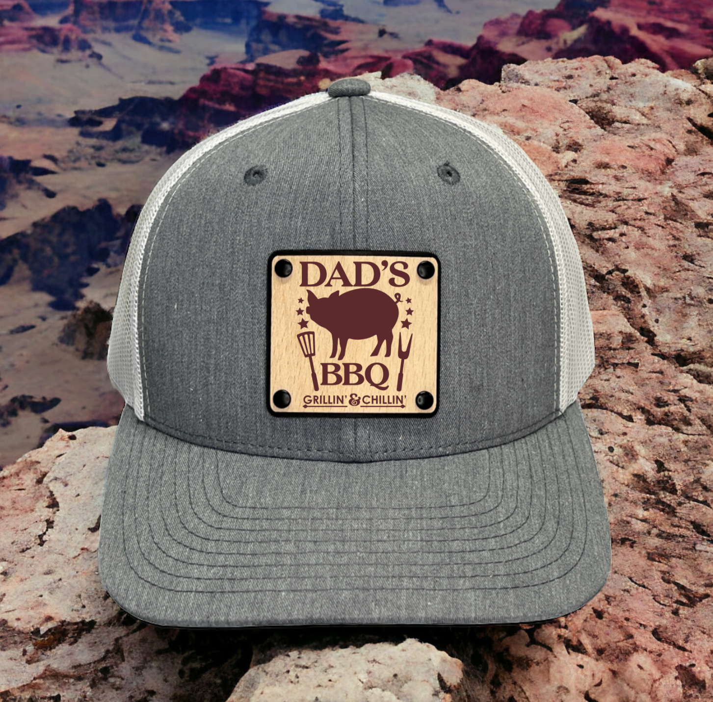 Dad&#39;s BBQ Grillin &amp; Chillin Trucker Hat Cap with Wood Leather Patch - $23.99