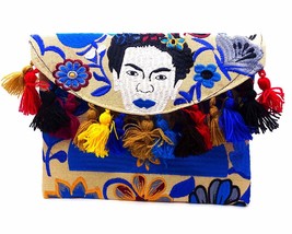 Frida Kahlo Floral Embroidered Pom Fringe Slim Envelope Clutch Purse Crossbody B - £20.54 GBP