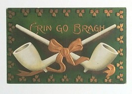 St Patricks Day Erin Go Bragh Clover Pipes Gold Embossed Ullman Postcard... - $9.99
