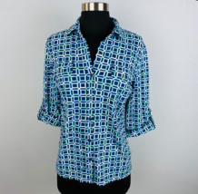 J McLaughlin XS Blue Green Multicolor Abstract Print Roll Tab Sleeves - $26.77