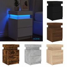 Modern Wooden Bedside Table Cabinet Nightstand With LED Lights 2 Drawers Wood - £77.98 GBP
