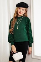 Arshiner Girl&#39;s Dark Green Puff Long Lace Polka Dot Sleeve Sweater - Size: 10 - £12.38 GBP