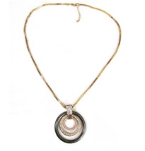 Concentric Circles Gold Black Necklace Rhinestone 3 Rings  CZ Long Box Chain 30 - £15.78 GBP