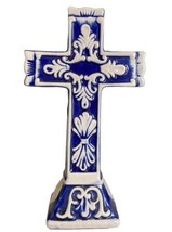 Ceramic Standing Cross Cobalt Blue &amp; Grayish White Decorated 7&quot; H  4&quot; W - £11.52 GBP