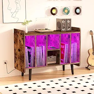 Large Record Player Stand With Led Lights &amp; Power Outlets, Vinyl Record ... - $226.99