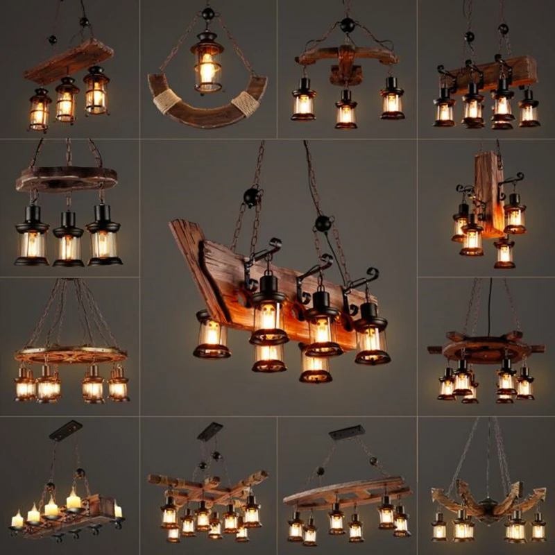 Antique Industry Vintage Wood E27 LED Ceiling Chandelier Lighting Creati... - $181.73+