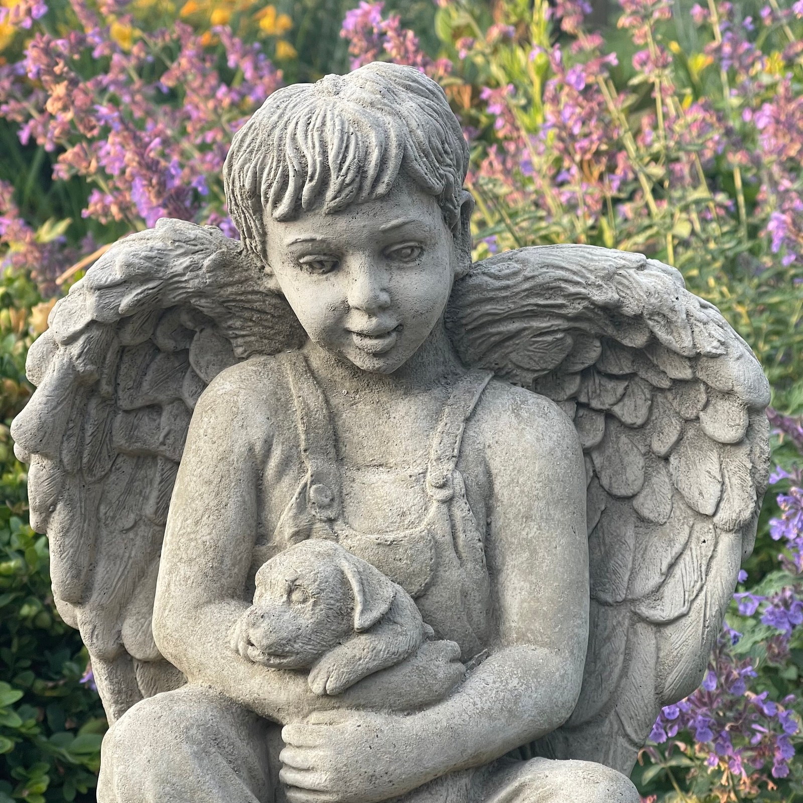Angel Holding Dog Statue Outdoor Concrete Garden Cherub With Wings And Puppy Cem - $134.99