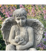 Angel Holding Dog Statue Outdoor Concrete Garden Cherub With Wings And Puppy Cem - $134.99