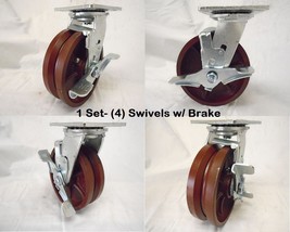 6&quot; x 2&quot; Swivel Caster 7/8&quot; V-Groove w/ Brake Ductile Steel Wheel (4) 150... - £99.70 GBP