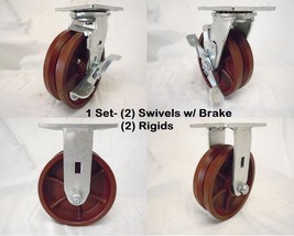 6&quot; x 2&quot; Swivel Caster 7/8&quot; V-Groove Ductile Steel Wheel Brake &amp; Rigid 15... - £89.92 GBP