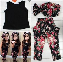 3pcs Toddler Infant Girls Outfits Headband+T-shirt+Floral Pants Kids Clothes Set - £8.77 GBP