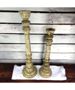 Set of 2 Large Tiled Pillar Candle Holder Candlesticks White 20&quot; + 25&quot;  ... - £95.88 GBP