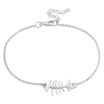 Sea Lover Sideways Fish Bone Skeleton Sterling Silver Chain Bracelet - £11.39 GBP