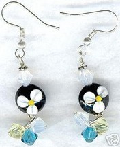 White Floral Lampwork Crystal Dangle Earrings - £14.17 GBP