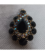 Gold Tone Brooch Black Clear Stones - $19.95