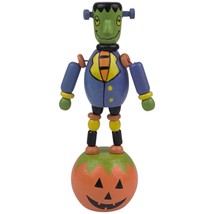 Vintage Halloween Frankenstein Wooden Push Puppet Toy on Pumpkin Base 4.5&quot; - $14.49