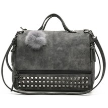 Vintage PU Leather Women&#39;s Bag Rivet Larger Ladies Handbags Hair Ball Sh... - £29.33 GBP