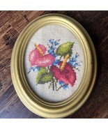 Vintage Italian Gold Oval Frame Cottage Core Needlepoint Anthurium Flowers - $30.00