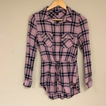 Blush Pink Black Plaid Button down Women Small Tie Waist Tunic Top Shirt Blouse - £11.85 GBP