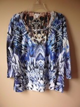 CHICOS 2 White Blue Multi Color 100% Polyester Rhinestone Blouse Shirt Top - $23.47