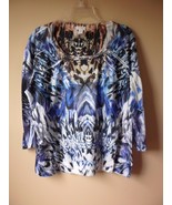 CHICOS 2 White Blue Multi Color 100% Polyester Rhinestone Blouse Shirt Top - $32.20 CAD