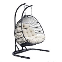 LeisureMod Wicker 2 Person Double Folding Hanging Egg Swing Chair (Beige) - £959.02 GBP
