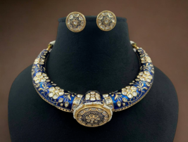 Indian Gold Forming Blue Traditional Enameled Hasli Kundan Necklace Jewelry Set - £224.18 GBP