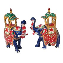 Hand Painted Metal Enameled Pair Showpiece Metal Handcrafted Elephant Statue - £39.76 GBP