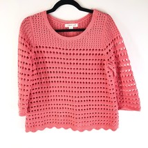 August Silk Womens Sweater Crochet Open Knit 3/4 Sleeve Zipper Salmon Pink M - £7.71 GBP