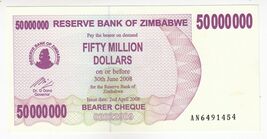 Zimbabue, 50 MILLONES DE DÓLARES, 2008, P57, UNC - $12.62