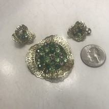 Vintage Green Rhinestone Gold Tone Brooch and Clip Earrings Set - $28.04