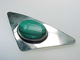 MODERNIST Malachite and Sterling Silver Vintage BROOCH Pin signed GASTIN... - $150.00