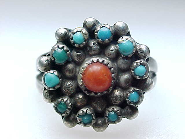 Primary image for TURQUOISE and CORAL Vintage Ring in STERLING Silver - Size 7 1/4