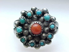 TURQUOISE and CORAL Vintage Ring in STERLING Silver - Size 7 1/4 - $68.00