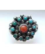 TURQUOISE and CORAL Vintage Ring in STERLING Silver - Size 7 1/4 - £53.47 GBP