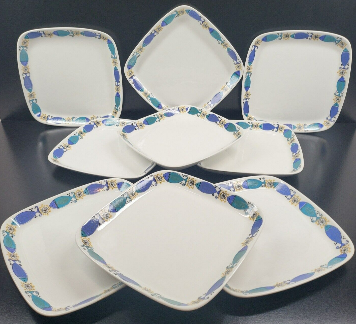Primary image for 9 Figgjo Clupea Norway Luncheon Plates Set Vintage Turi Fish Blue Green Dish Lot