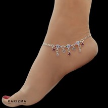 Real Sterling Silver women pink white CZ daily wear Anklets Ankle Pair 10&quot; - $50.02