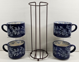 Temptations Floral Lace Blue Stackable 14 Oz Mugs &amp; Wire Rack Holder Stand Set - £38.83 GBP